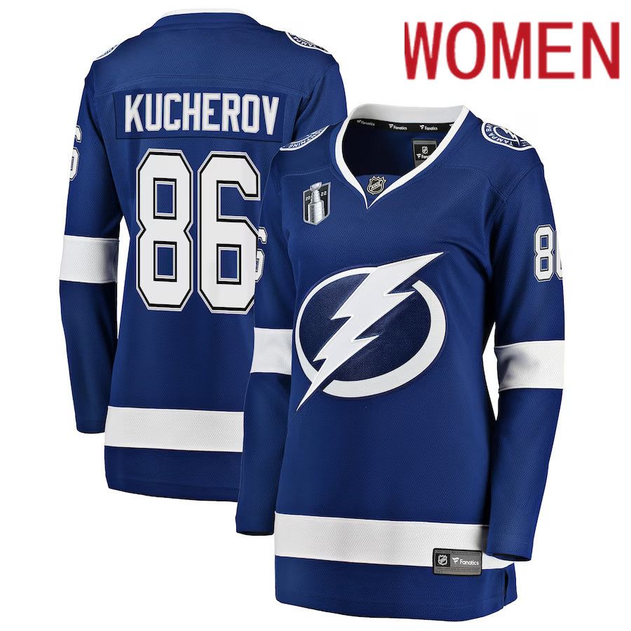 Women Tampa Bay Lightning 86 Nikita Kucherov Fanatics Branded Blue Home Stanley Cup Final Breakaway Player NHL Jersey